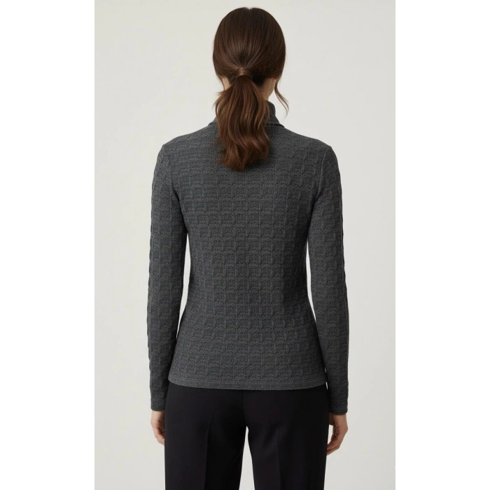 Sıcak Tutan Kışlık | Gri Desenli Kadın Yarım Balıkçı Yaka Triko Kazak