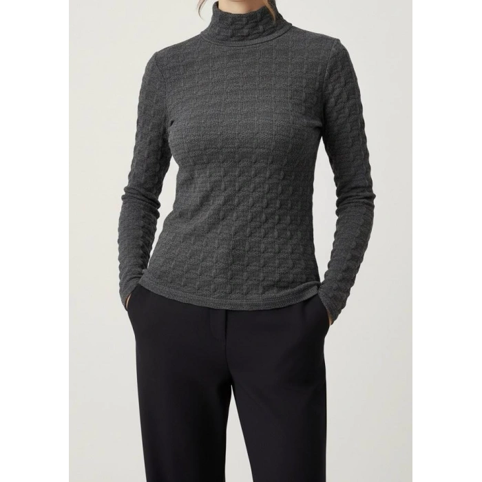 Sıcak Tutan Kışlık | Gri Desenli Kadın Yarım Balıkçı Yaka Triko Kazak