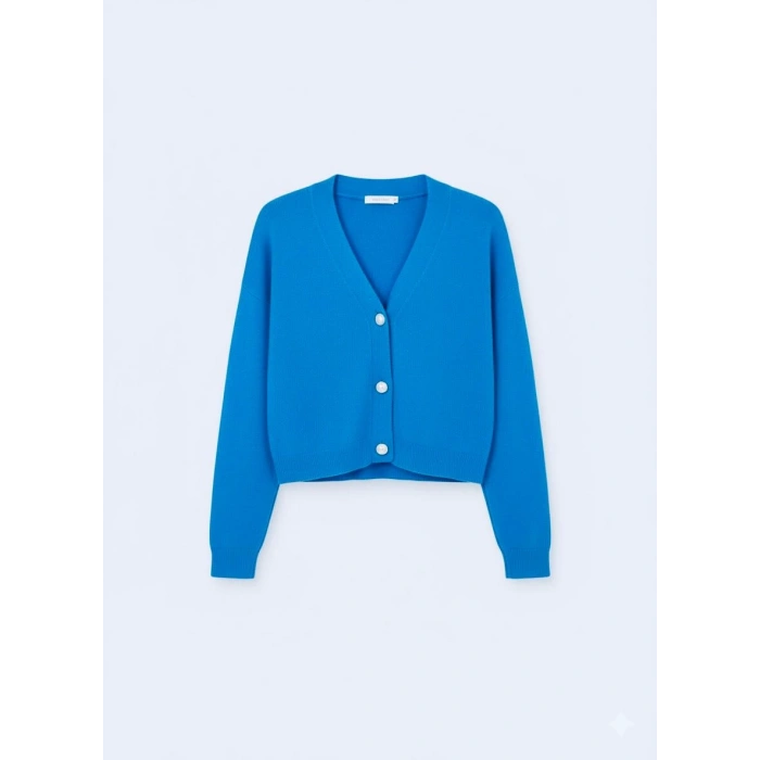 Sıcak Tutan Kışlık | Mavi Triko Elbise V Yaka Kadın Midi Boy Kazak Elbise