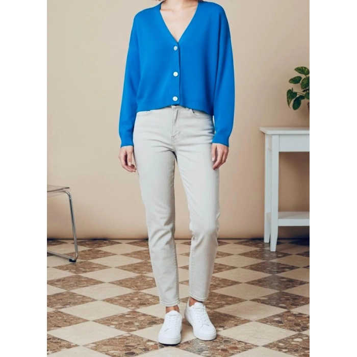 Sıcak Tutan Kışlık | Mavi Triko Elbise V Yaka Kadın Midi Boy Kazak Elbise