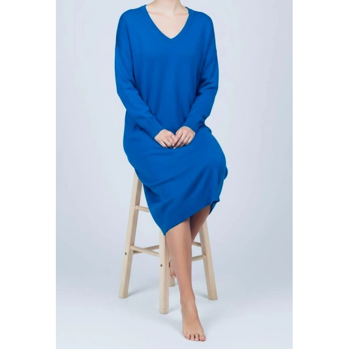 Sıcak Tutan Kışlık | Saks Mavi V Yaka Kadın Triko Hırka Büyük Düğmeli