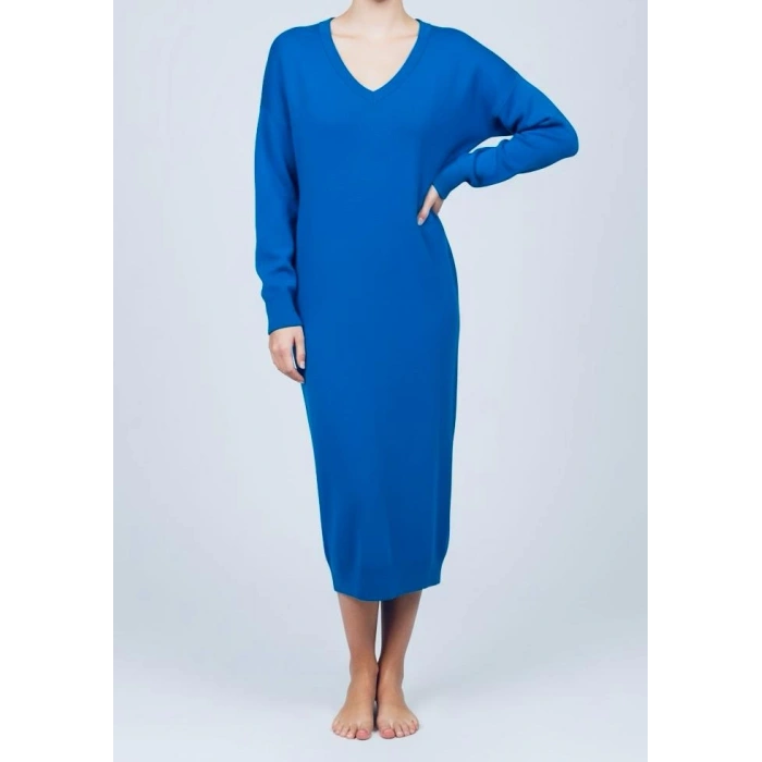 Sıcak Tutan Kışlık | Saks Mavi V Yaka Kadın Triko Hırka Büyük Düğmeli