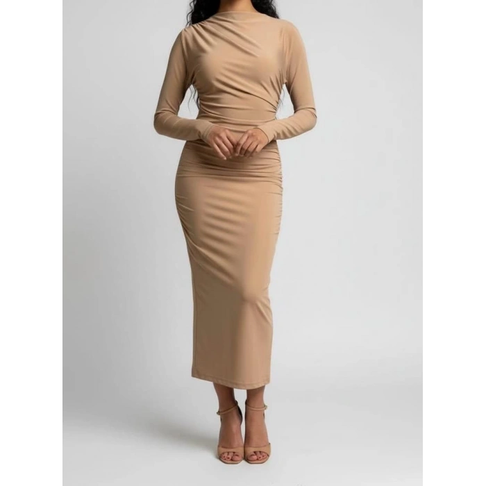 Mevsimlik | Kadın Caramel Drapeli Midi Elbise Yüksek Yaka Uzun Kollu Penye Kumaş