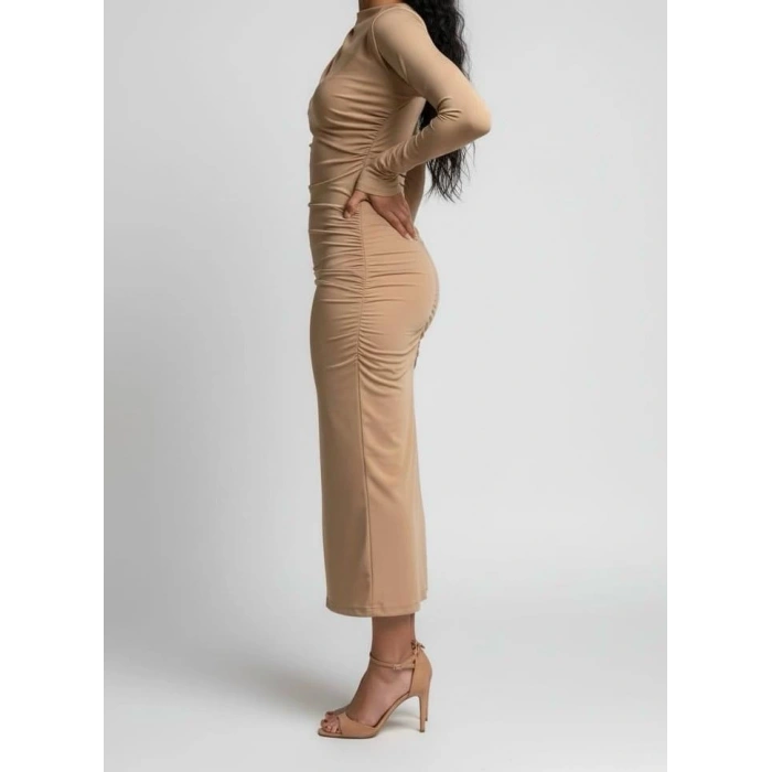 Mevsimlik | Kadın Caramel Drapeli Midi Elbise Yüksek Yaka Uzun Kollu Penye Kumaş