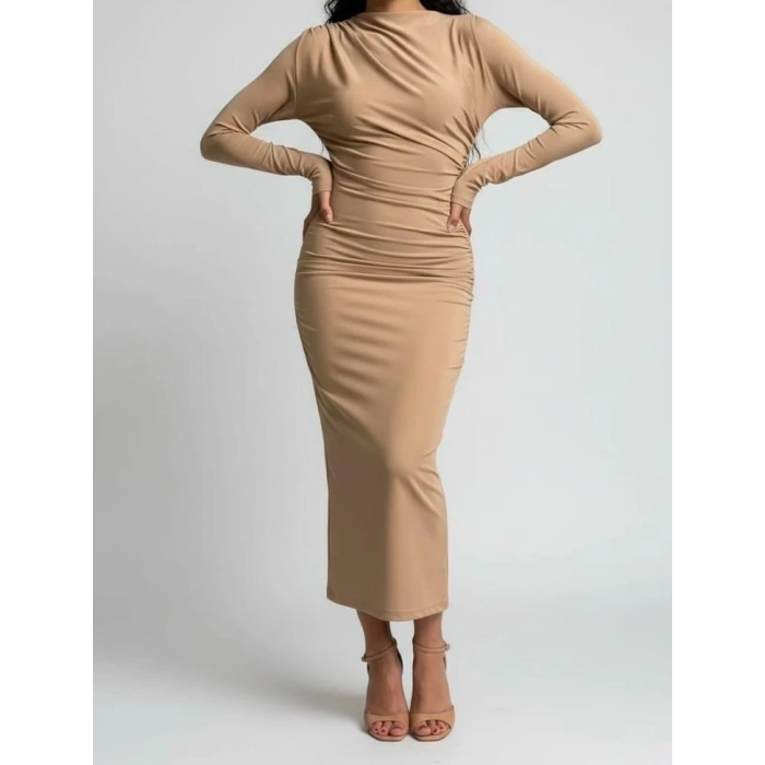 Mevsimlik | Kadın Caramel Drapeli Midi Elbise Yüksek Yaka Uzun Kollu Penye Kumaş