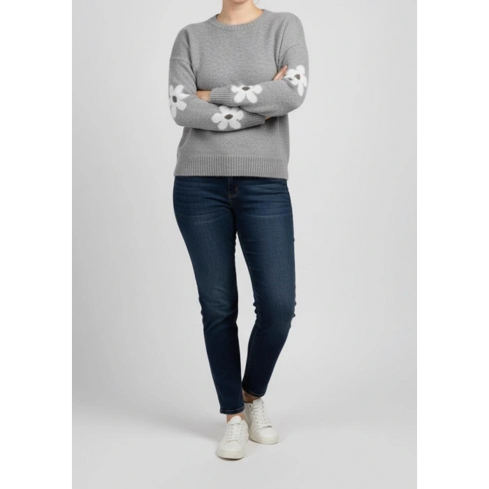 KADIN KIŞLIK TRİKO KAZAK STANDART BEDEN | Gri Papatya Çiçek Desenli Yumuşak