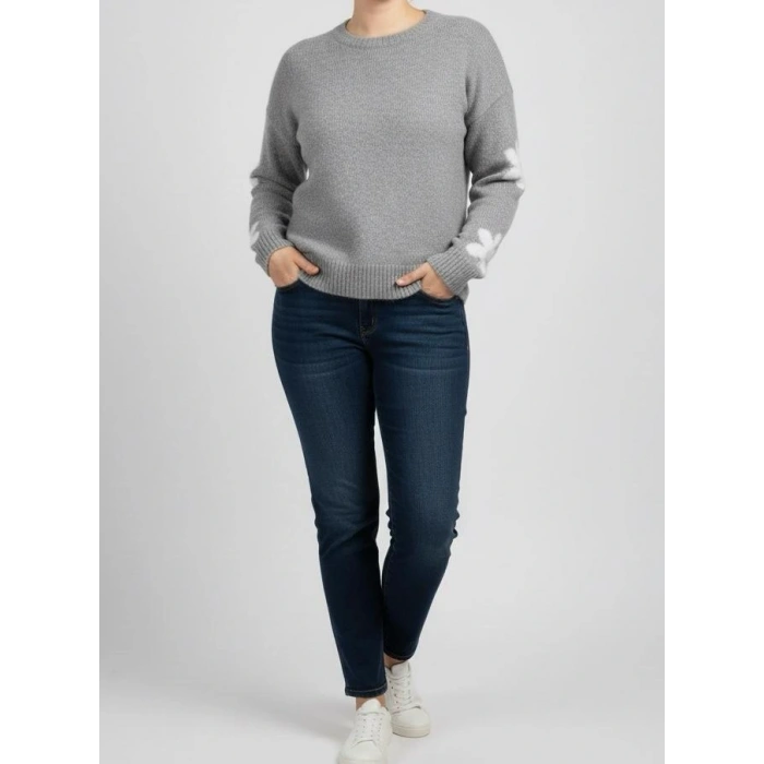 KADIN KIŞLIK TRİKO KAZAK STANDART BEDEN | Gri Papatya Çiçek Desenli Yumuşak