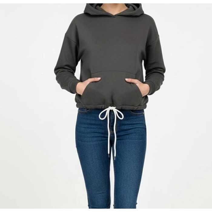 Kadın Kışlık 3 İplik Şardonlu Sıcak Tutan Kapüşonlu Sweatshirt (Hoodie) Ayarlanabilir Bağcıklı Bel Detaylı