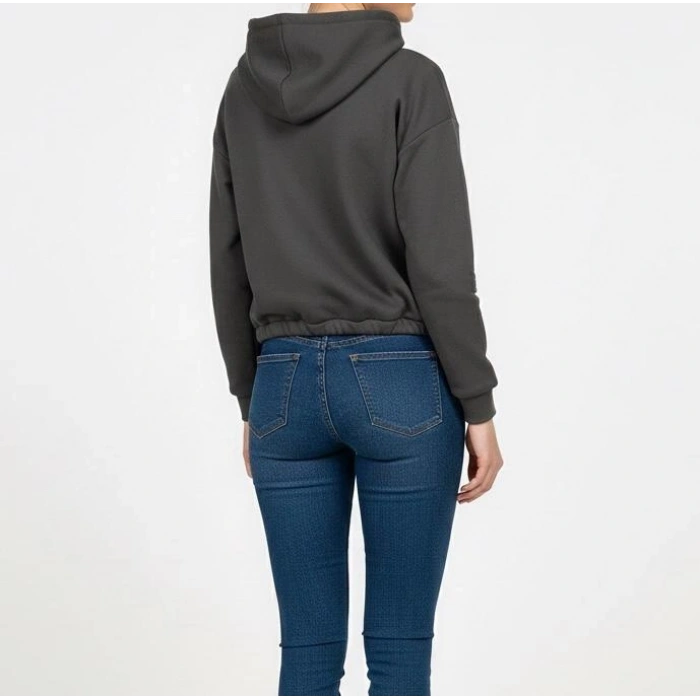 Kadın Kışlık 3 İplik Şardonlu Sıcak Tutan Kapüşonlu Sweatshirt (Hoodie) Ayarlanabilir Bağcıklı Bel Detaylı