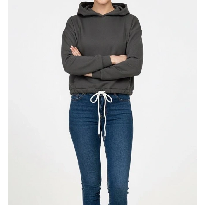 Kadın Kışlık 3 İplik Şardonlu Sıcak Tutan Kapüşonlu Sweatshirt (Hoodie) Ayarlanabilir Bağcıklı Bel Detaylı