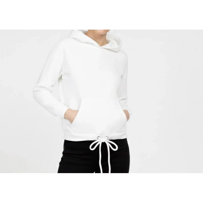 Kadın Kışlık 3 İplik Şardonlu Sıcak Tutan Kapüşonlu Sweatshirt (Hoodie) Ayarlanabilir Bağcıklı Bel Detaylı