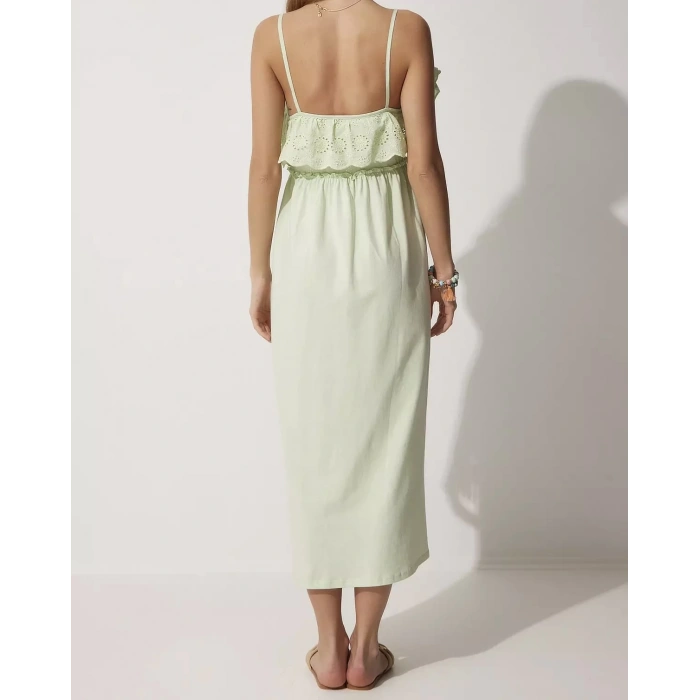 Askılı Fırfırlı Brode Detaylı | Yazlık Midi Boy Fıstık Yeşili Elbise