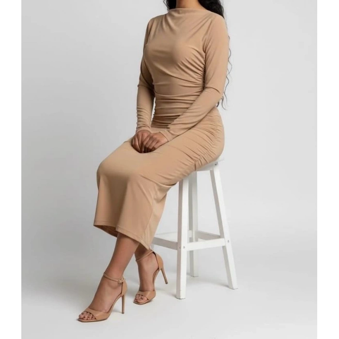 Mevsimlik | Kadın Caramel Drapeli Midi Elbise Yüksek Yaka Uzun Kollu Penye Kumaş