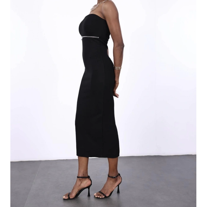 Straplez Fermuar Detaylı Midi Elbise | Siyah Örme Kumaş Yırtmaçlı Abiye