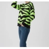 Kadın Kışlık Neon Yeşil Siyah Zebra Desenli Kazak Triko Konforlu Rahat Kalıp