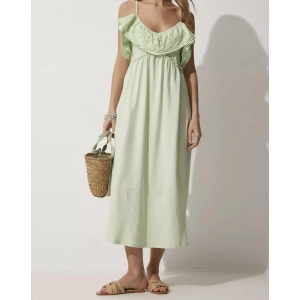 Askılı Fırfırlı Brode Detaylı | Yazlık Midi Boy Fıstık Yeşili Elbise
