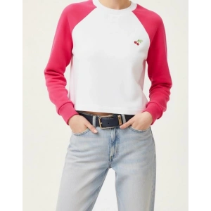 Sıcak Tutan Kışlık | Kadın Kiraz Nakışlı Pembe Beyaz 3 İplik Şardonlu Reglan Kol Sweatshirt