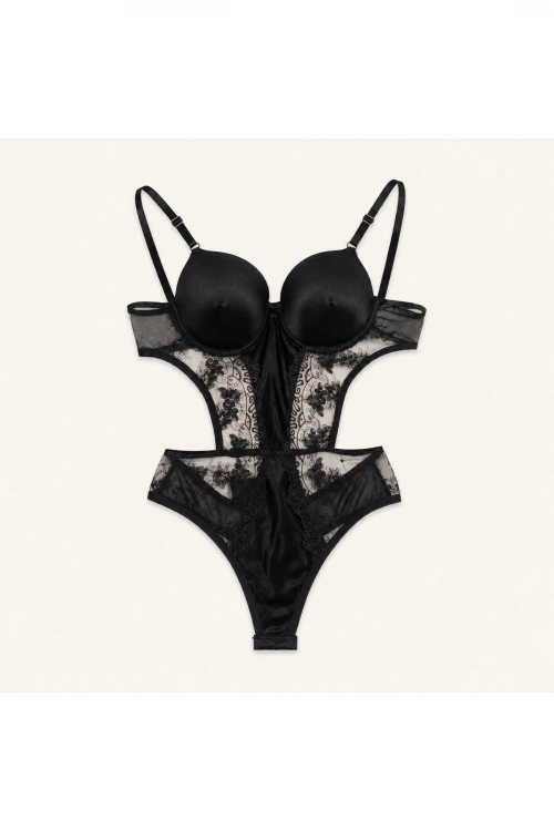 Siyah Dantel Detaylı Destekli Bodysuit
