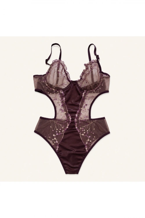 Saten Görünümlü Nakışlı Tül Bodysuit