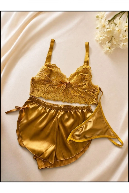 Saten Dantelli Şortlu Pijama Takımı