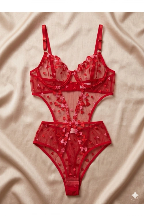 Kalp İşlemeli Transparan Kırmızı Dantel Bodysuit