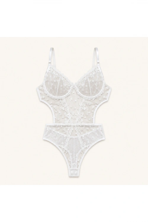 Kalp İşlemeli Transparan Dantel Bodysuit
