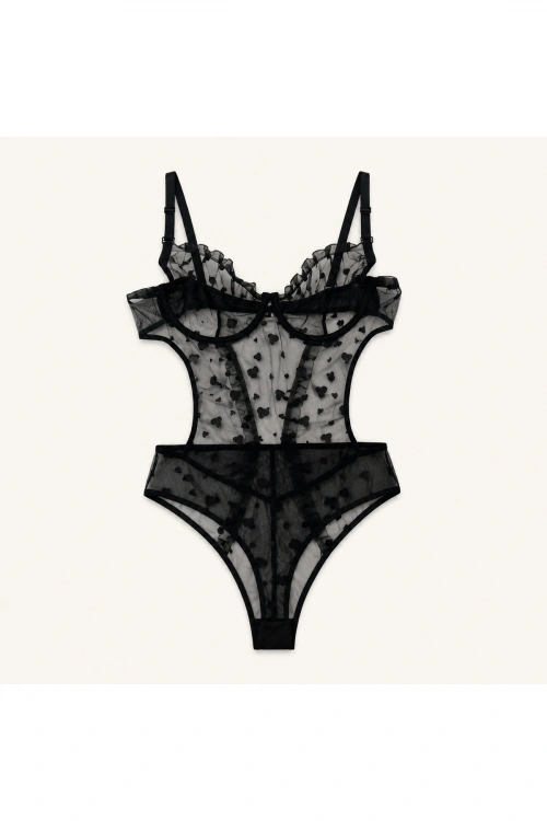 Kalp İşlemeli Transparan Dantel Bodysuit