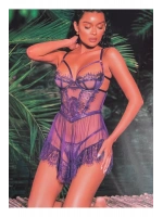 Mor Transparan Dantel Babydoll Takımı