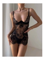 Kadın Siyah Dantelli Transparan Balenli Babydoll Gecelik Takımı