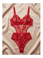 Kalp İşlemeli Transparan Kırmızı Dantel Bodysuit
