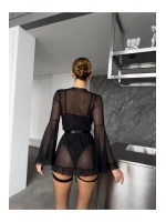 Balenli Dantel Bodysuit Sabahlık ve File Çoraplı Takım