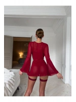 Balenli Dantel Bodysuit Sabahlık ve File Çoraplı Takım