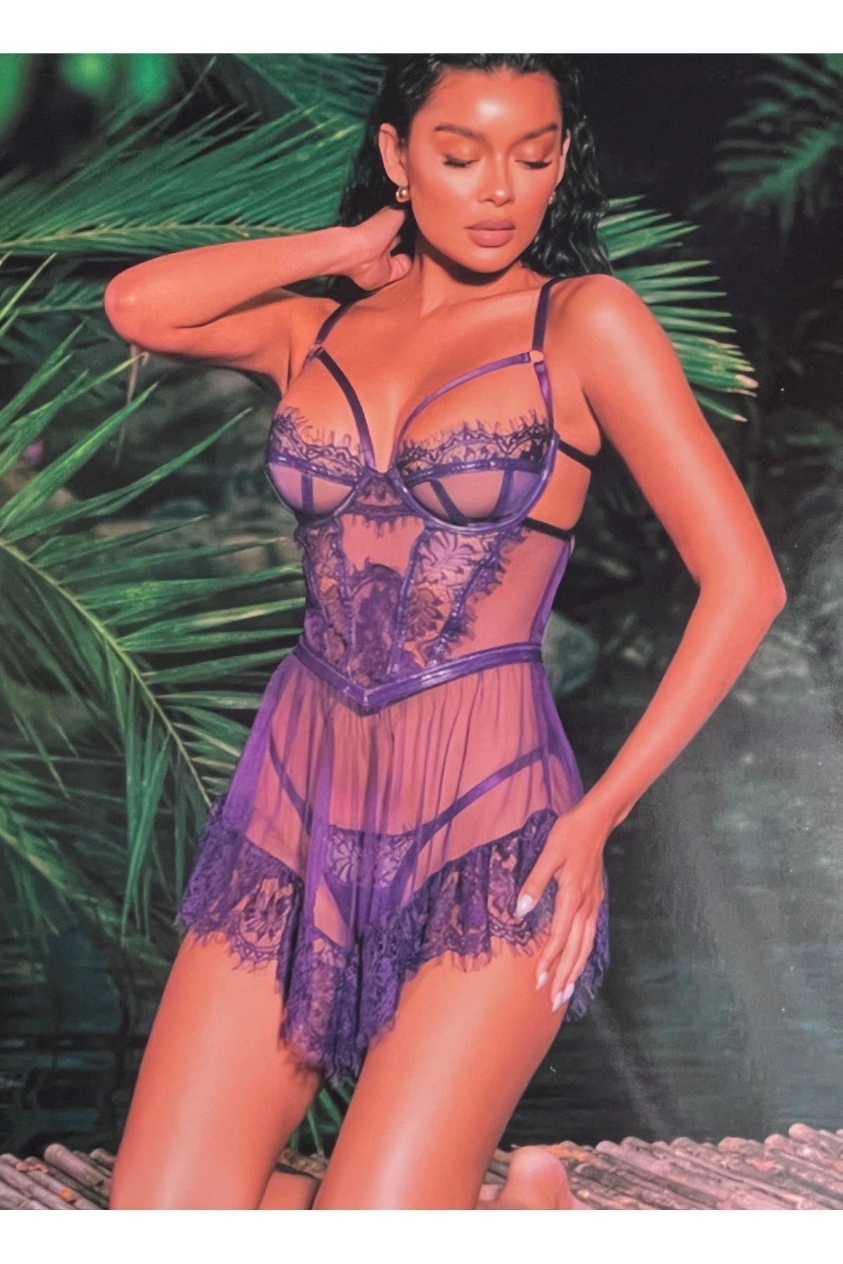 Mor Transparan Dantel Babydoll Takımı