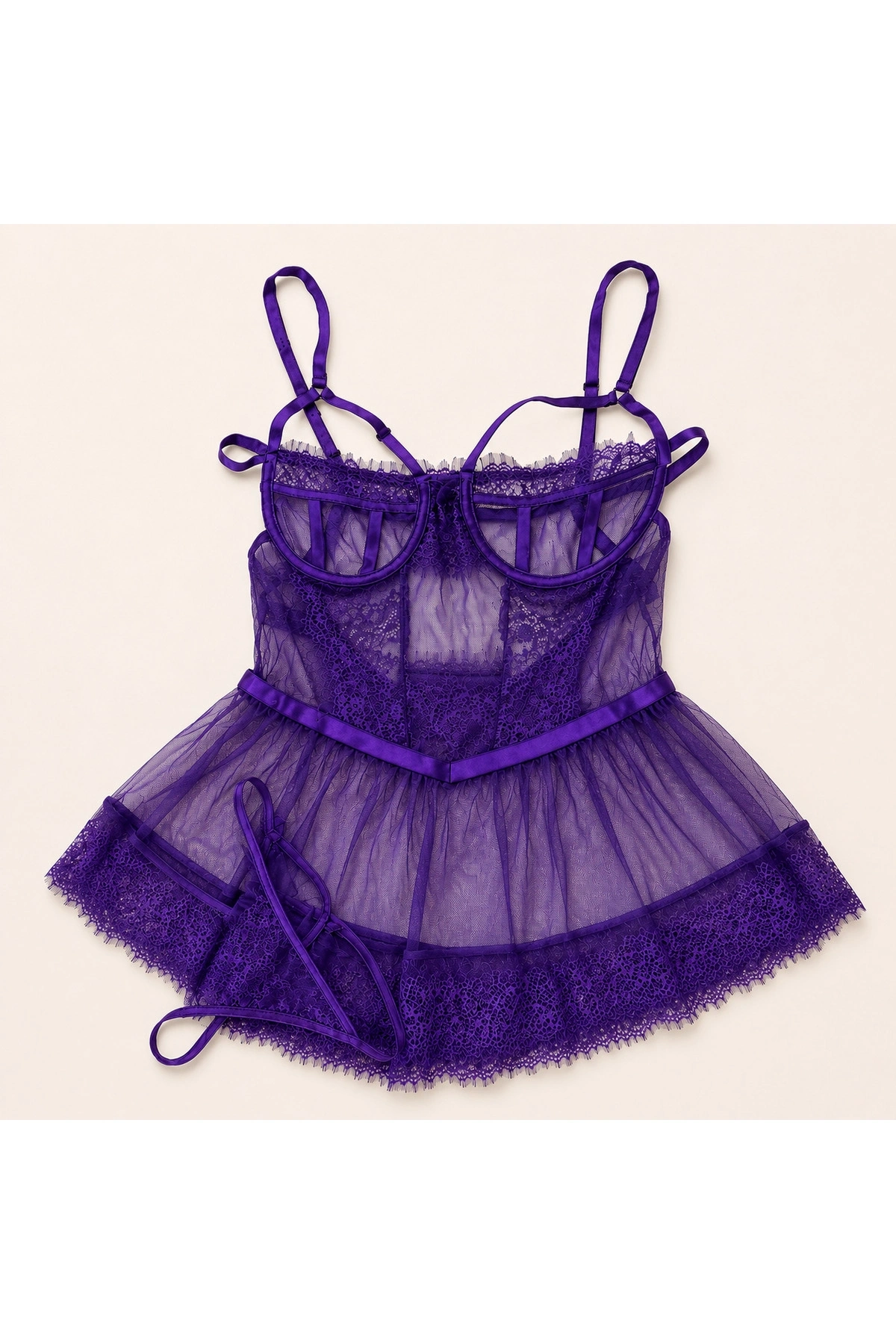 Mor Transparan Dantel Babydoll Takımı