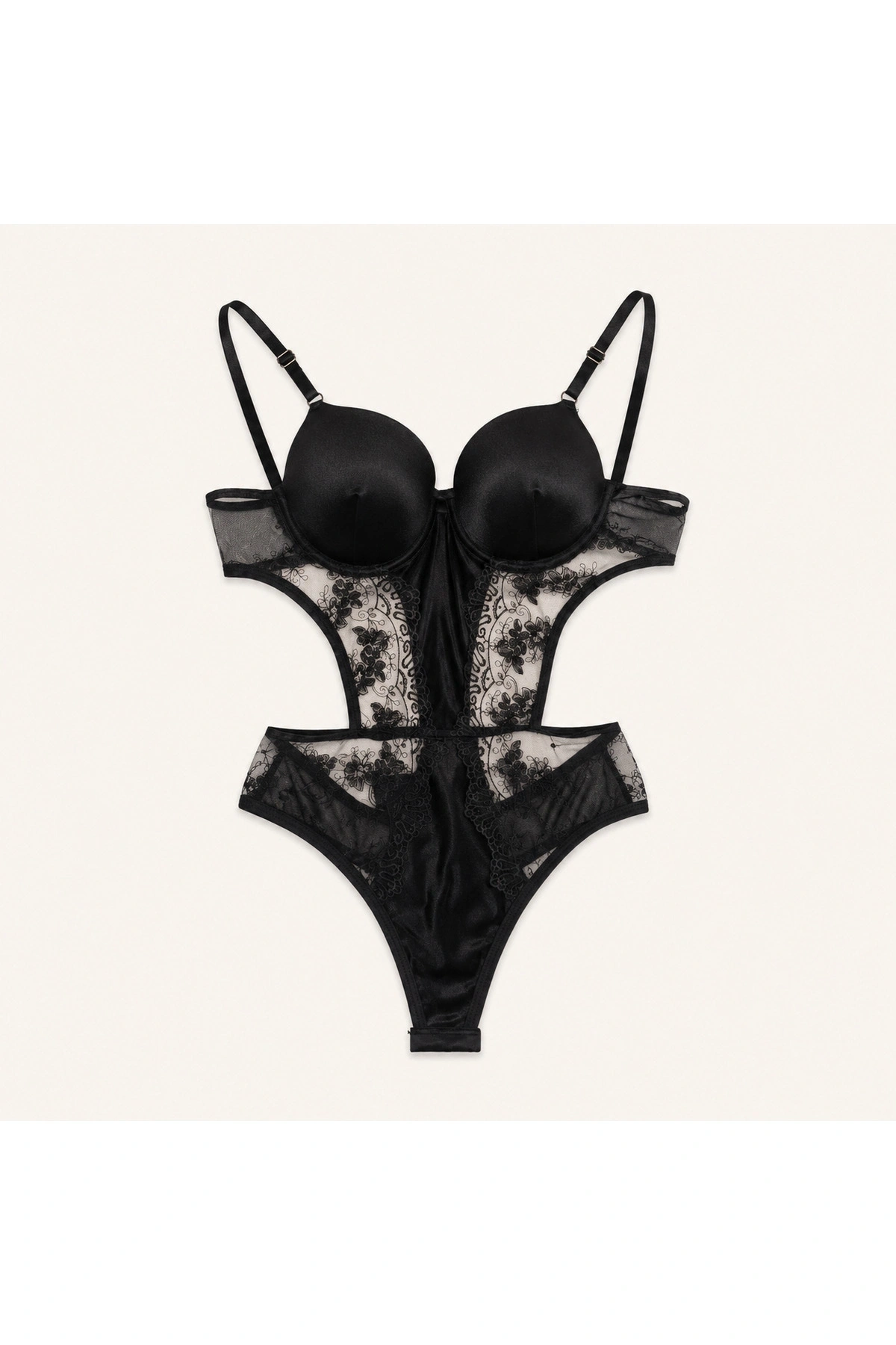 Siyah Dantel Detaylı Destekli Bodysuit