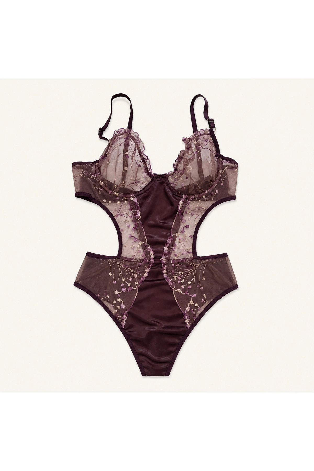 Saten Görünümlü Nakışlı Tül Bodysuit