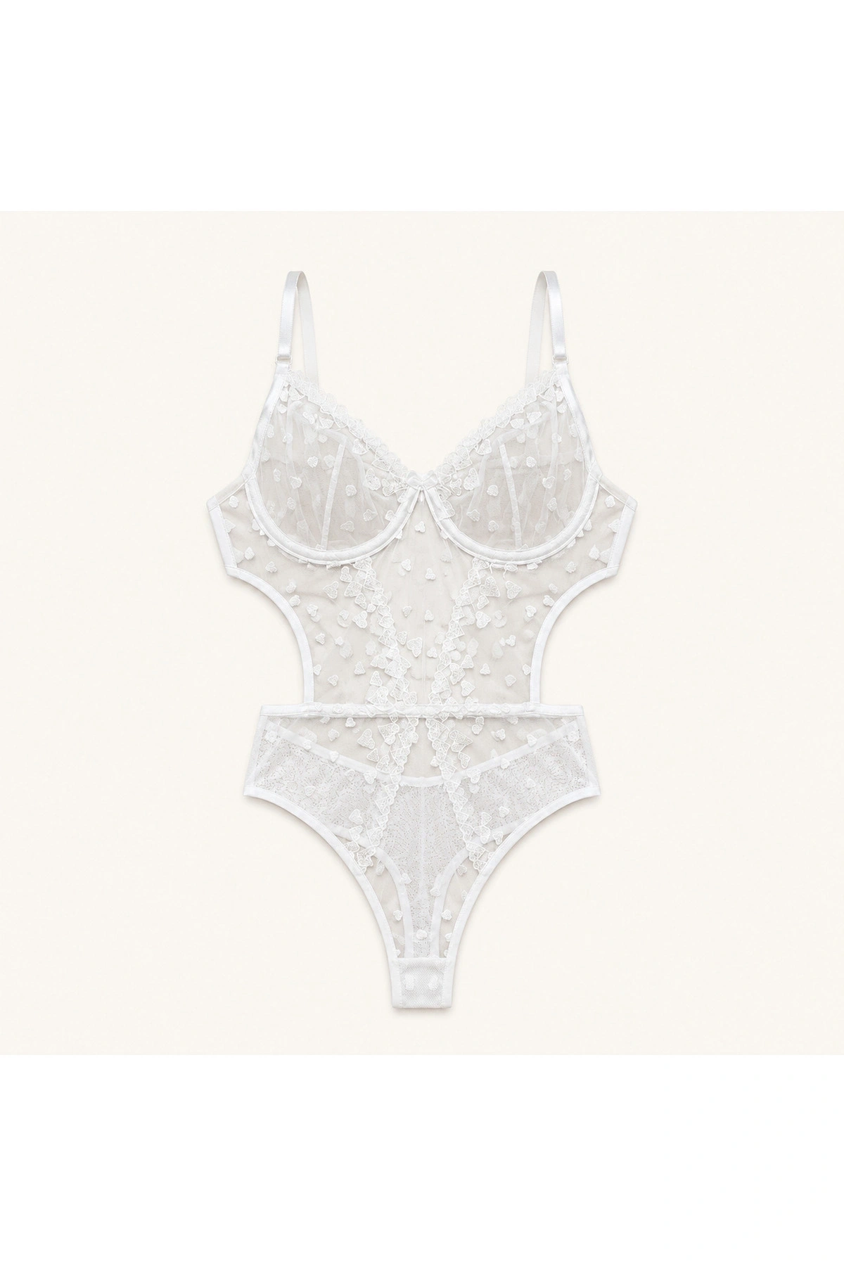 Kalp İşlemeli Transparan Dantel Bodysuit