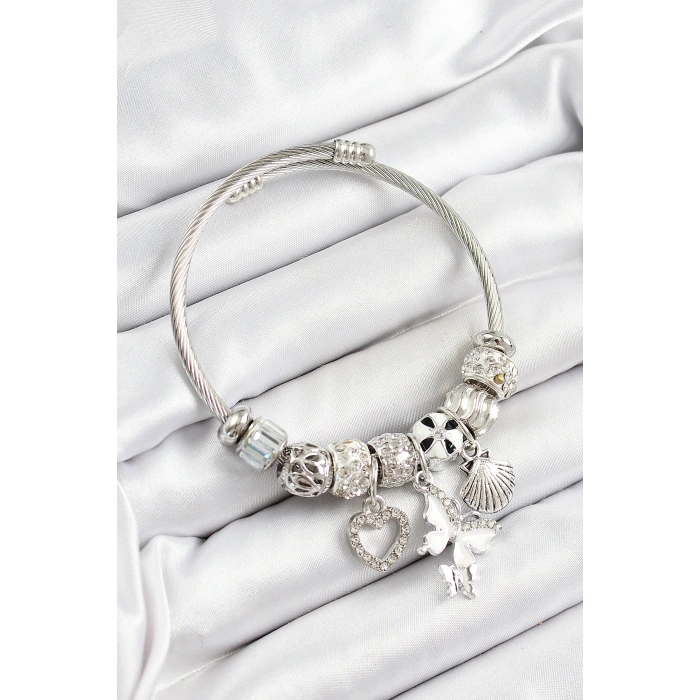 316L Çelik Beyaz Zirkon Taşlı Kalp Kelebek Ve İstiridye Model Gümüş Renk Charm Bileklik