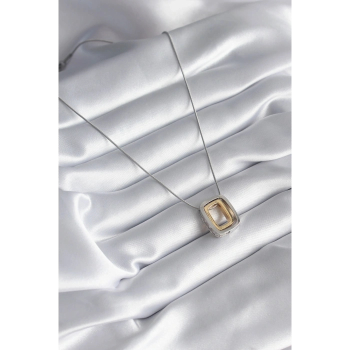 316L Çelik Gold Gümüş Renk Kare Model Zirkon Taş Detay Kadın Kolye