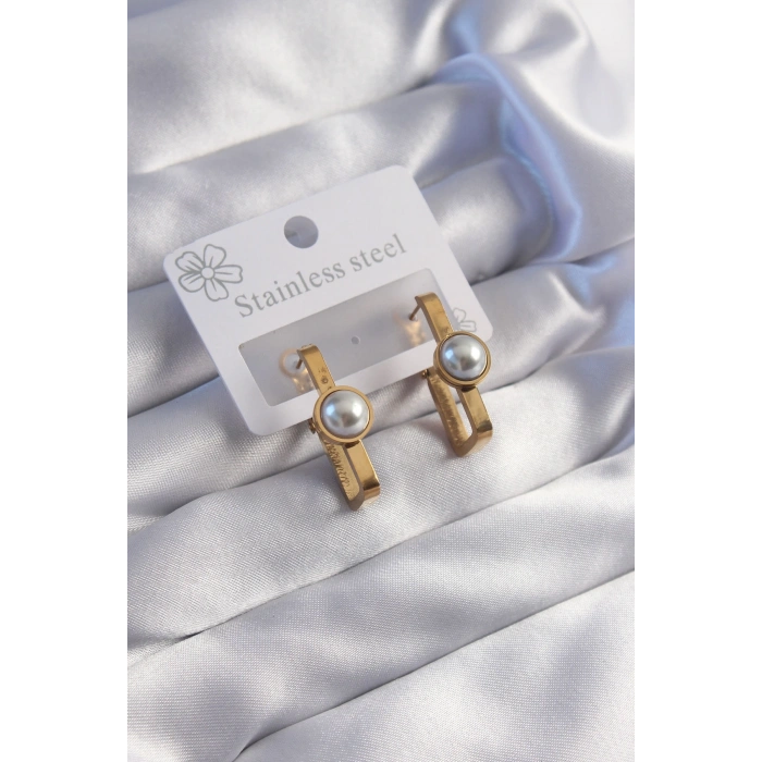 316L Çelik Gold Renk İnci Taşlı Dikdörtgen Model Küpe