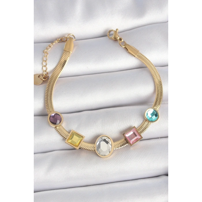 316L Çelik Gold Renk İtalyan Zincir Renkli Zirkon Taşlı Kadın Bileklik