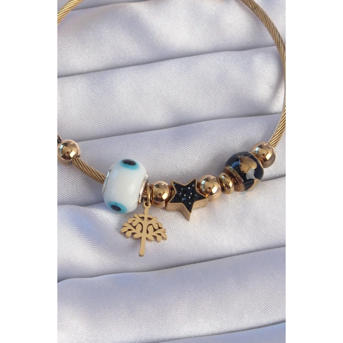 316L Çelik Gold Renk Siyah Zirkon Taşlı Yıldız Tasarımlı Ağaç Detay Nazarlı Charm Bileklik