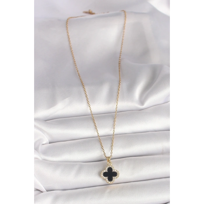 316L Çelik Gold Renk Zincir Zirkon Taşlı Yonca Model Kadın Kolye