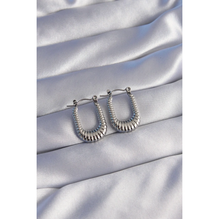 316L Çelik Gümüş Renk Dikdörtgen Tasarımlı Tırtıklı Küpe