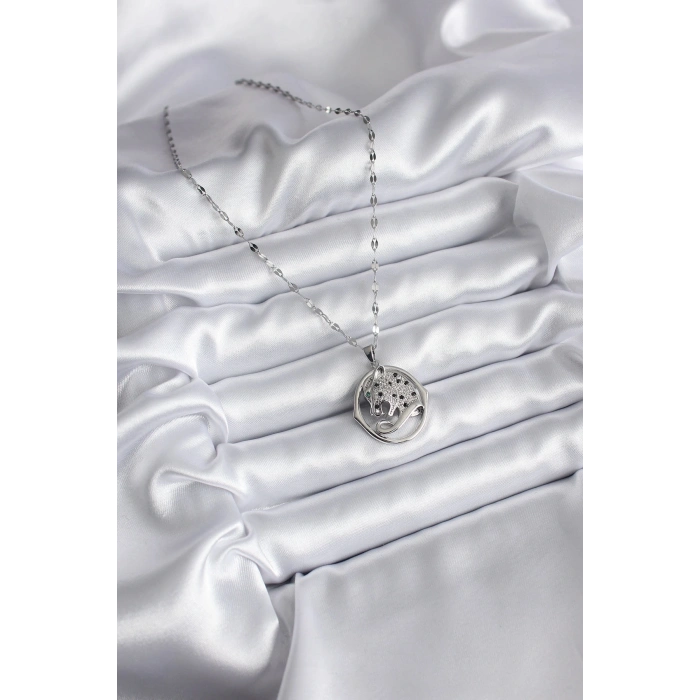 316L Çelik Gümüş Renk Zirkon Taşlı Jaguar Model Kadın Kolye