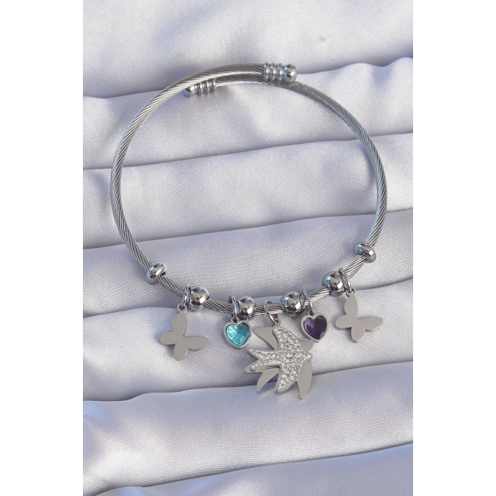 316L Çelik Gümüş Renk Zirkon Taşlı Kuş Tasarımlı Kelebek Detay Charm Bileklik