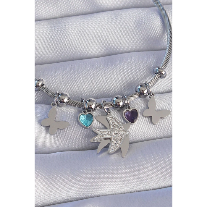 316L Çelik Gümüş Renk Zirkon Taşlı Kuş Tasarımlı Kelebek Detay Charm Bileklik