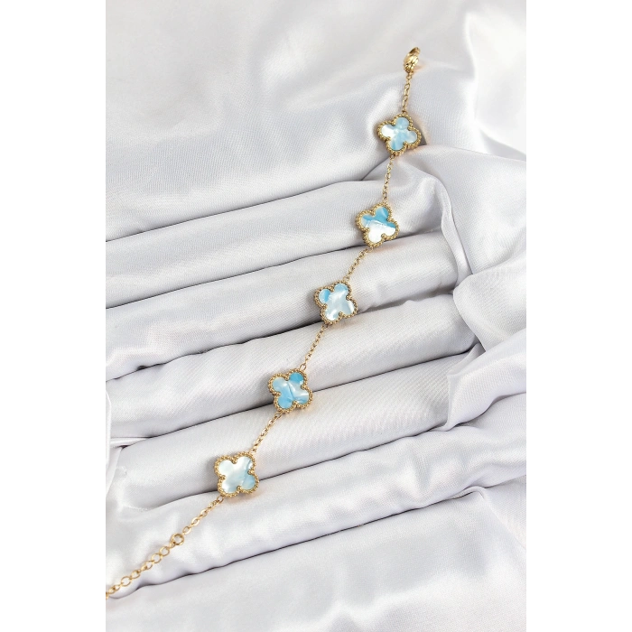 316L Çelik Mavi Sedef Yonca Model Gold Renk Kadın Bileklik