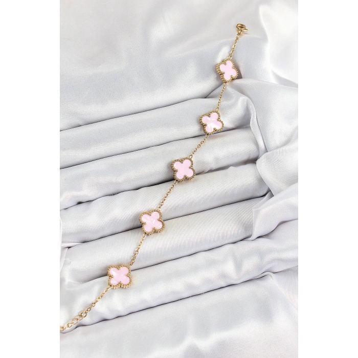 316L Çelik Pembe Sedef Yonca Model Gold Renk Kadın Bileklik