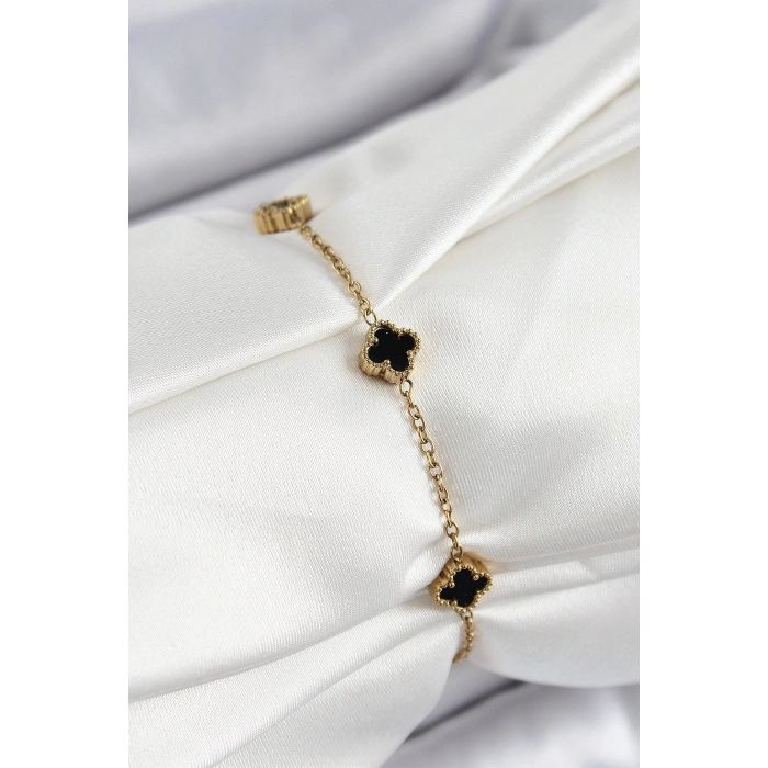 316L Çelik Siyah Sedef Yonca Model Gold Renk Kadın Bileklik